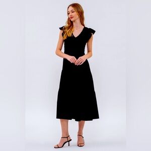Black Midi Sundress with Flutter Sleeves and V-Neck for Cocktail